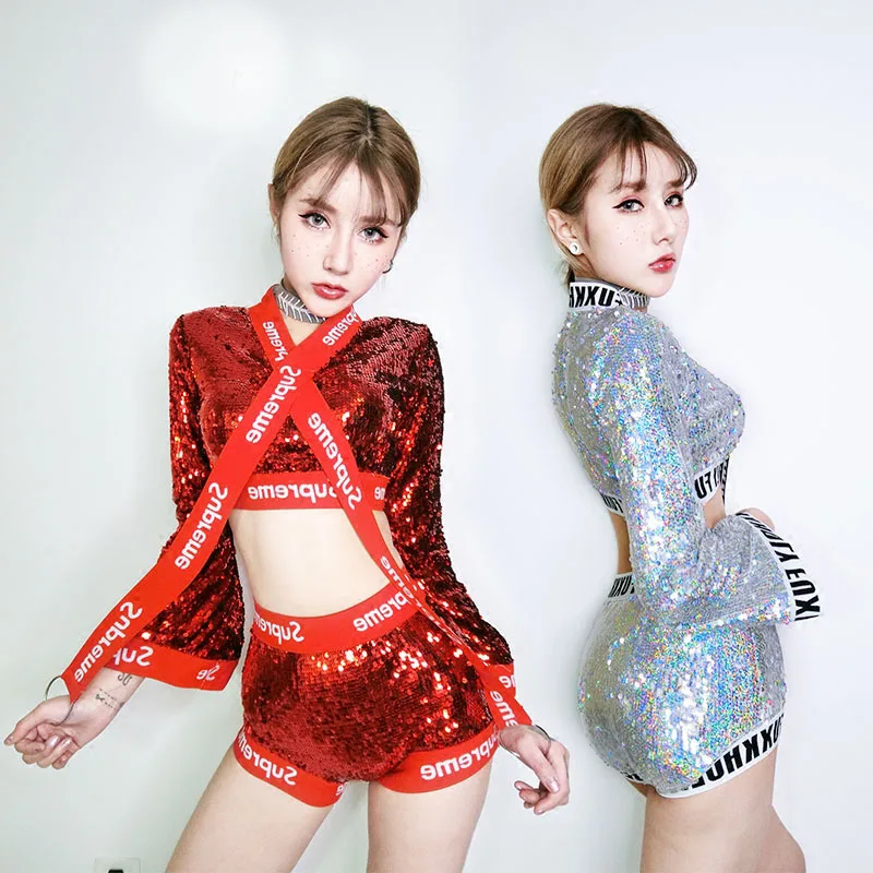 

New Sexy Dj Sequin Costume For Women Jazz Performance Red Or Silver Paillettes Clothing Stage 2 Pieces Set Tops Shorts DWY179