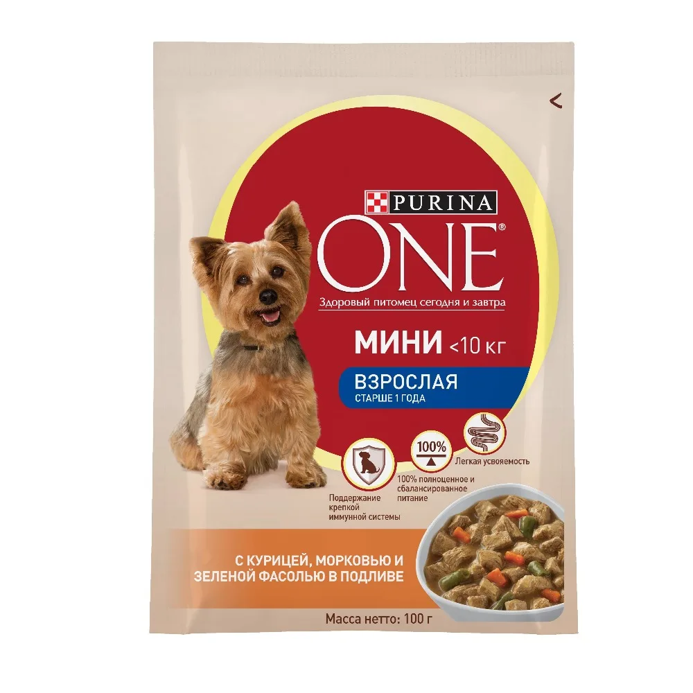 Влажный корм для собак мелких пород Purina One Mini Взрослая с курицей, морковью и зеленой фасолью в подливе, Пауч, 24х100 г