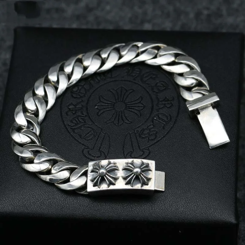 

S925 Sterling Silver Simple Cross Bracelet Male Thai Silver Personality Domineering Hand Whip Chain