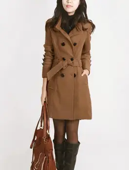 

Women's Jackets & Coats Medium-long Belt Wool & Blends Coat Turn-down Collar Solid Color Pockets Parka
