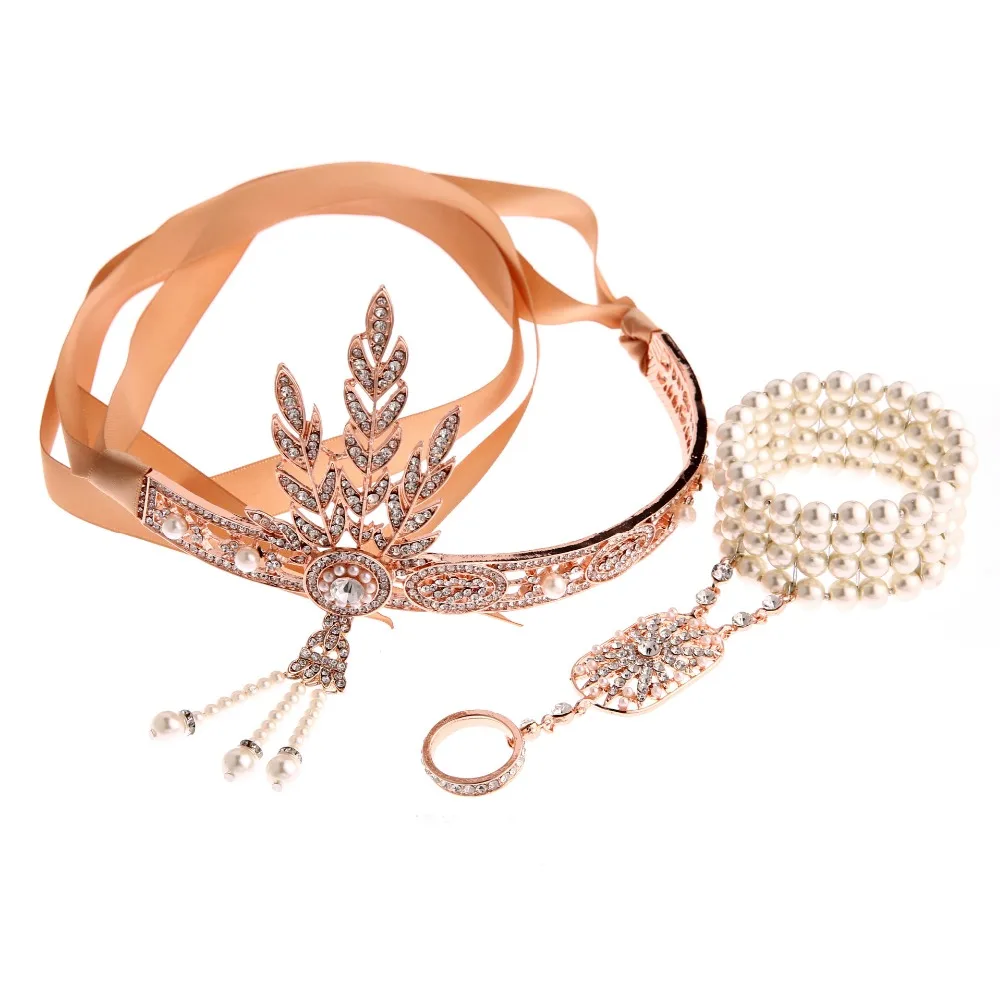Billige 1920 s Great Gatsby Party Kostüm Zubehör Set 20 s Flapper Art Deco Stirnband Perle Armband Ring Hand Zubehör 2 pcs Set