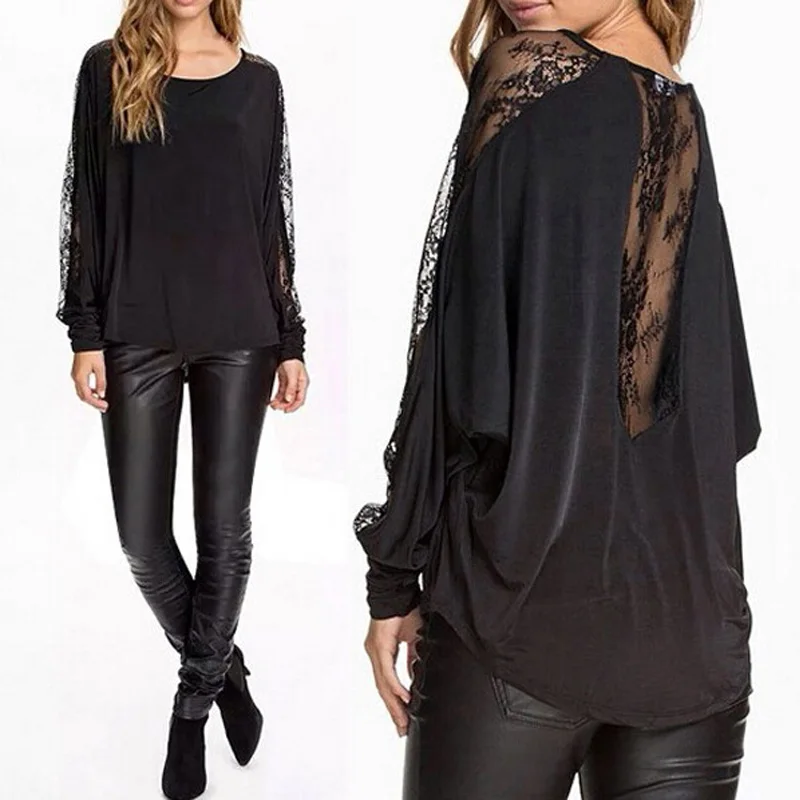 

ZANZEA Plus Size Sexy Lace Blusas Women Blouses 2019 Autumn Female Mesh Tops Casual Loose Backless Long Batwing Sleeve Shirts