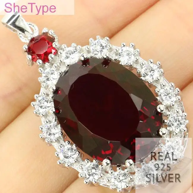 

Real 925 Solid Sterling Silver 7.3g Big Heavy Gem Oval 20x15mm Red Blood Ruby White CZ Engagement Pendant 40x18mm