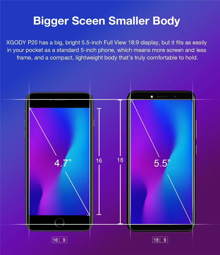 XGODY P20 3g 5,5 дюймовый смартфон 18:9 полный Экран мобильный телефон Android 8,1 2 GB 16 GB MTK6580 4 ядра 5MP gps телефоны Celular