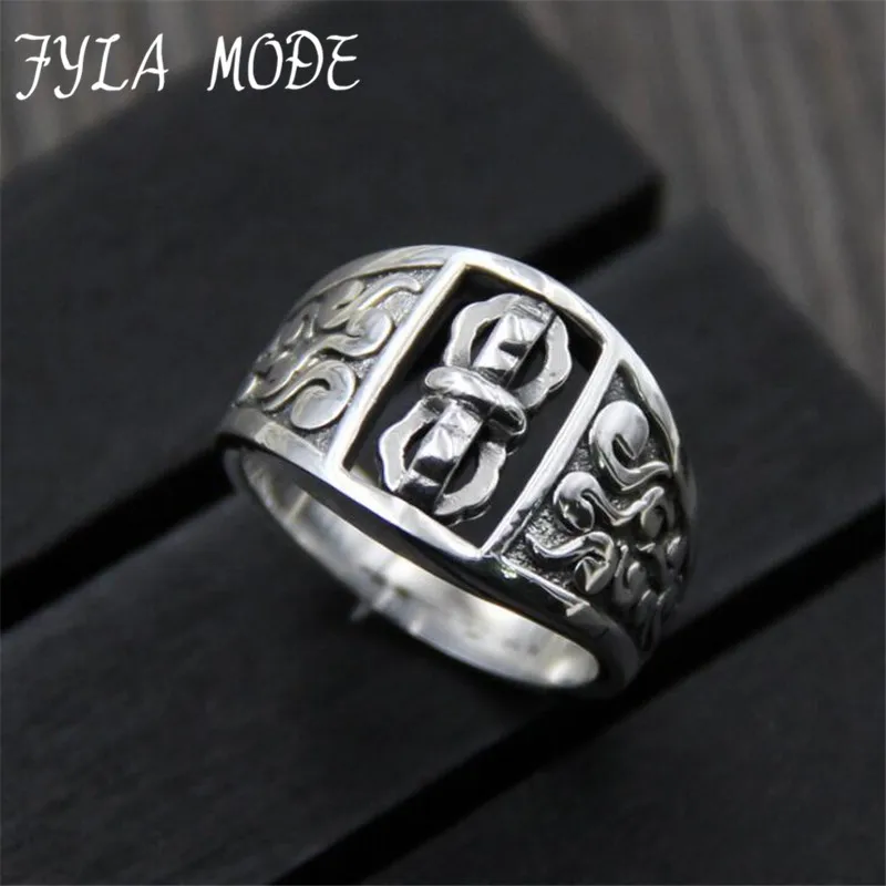 

FYLA MODE Super Wide Wishful Lucky Longevity Jade Vajra Pestle Hexagram Ring Vintage S999 Silver Fashion Designer Thumb Jewelry