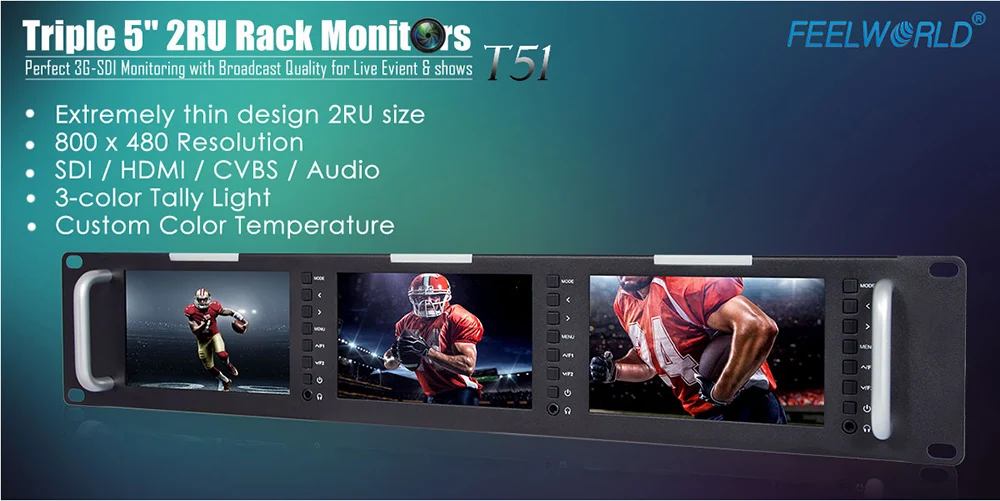 Feelworld T51 тройной 5 дюймов 2RU вещания SDI стойку монитор поле видео ЖК-экран 800x400 3g SDI HDMI AV вход и выход