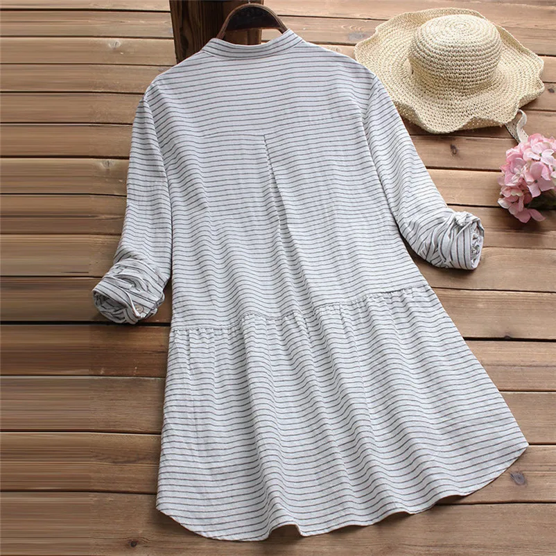Fashion womens tops and blouses summer Autumn 2018 Long Sleeve Shirt Cotton Linen Striped Casual Loose Blouse camicette A22#N  (10)