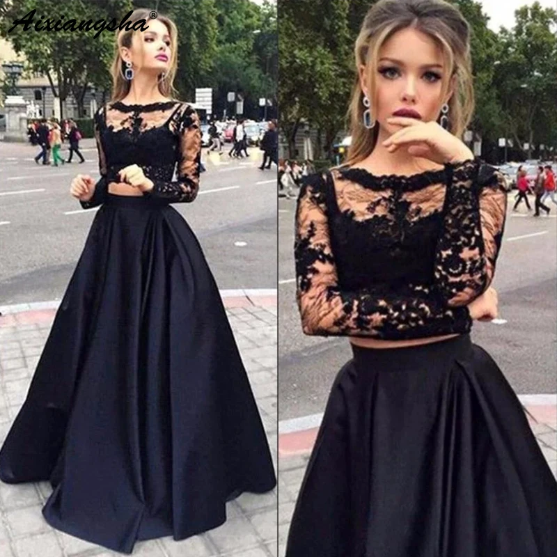 

Charming Black Illusion Long Sleeves Lace Prom Party Gowns A-line Bateau Floor-Length Satin Two Piece Prom Dresses