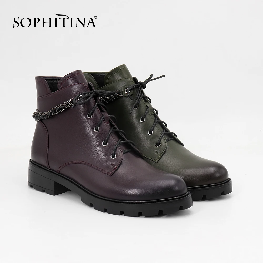 SOPHITINA Brand Ankle Boots Round Toe Quality Genuine Leather Wine Red Woman Shoes Fashion Chain Lace Up Low Heels Boots MC09