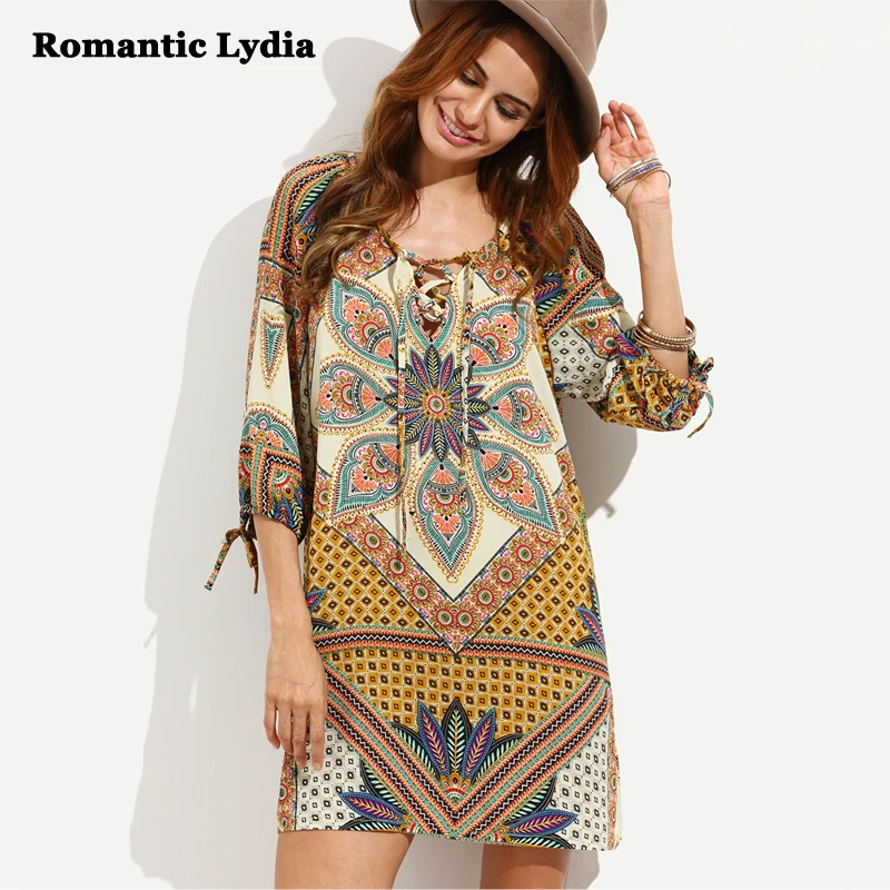 

Bohemian Tribal Print Dress Women Floral Short Boho Flower Multicolor O Neck Cut Out Midi Dresses