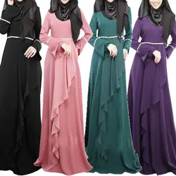 Для женщин мусульманское платье осень-зима Платье макси с длинным рукавом Национальный Стиль Одежда Макси платья дамы Молния сзади платье