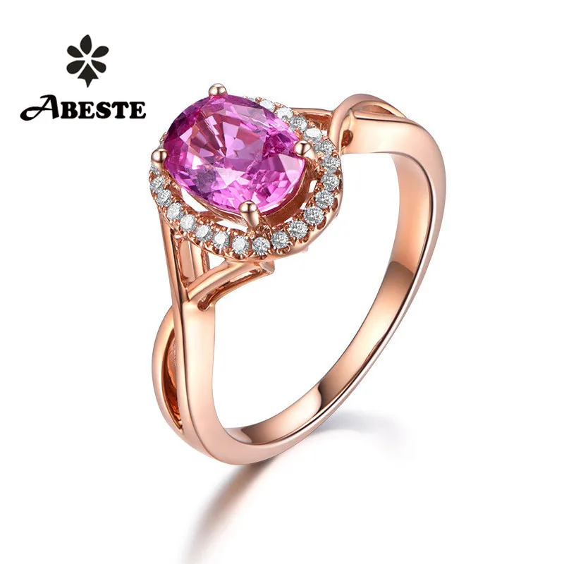 

ANI 18K Rose Gold (AU750) Women Wedding Diamond Ring Certified Oval Cut Natural Pink Sapphire Engagement Gemstone Halo Ring