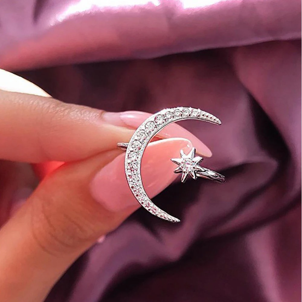 

Exquaime Wedding Moon Star Fasihon Jewelry White Zircon Silver/Rose gold/Yellow gold Ring Cocktail Party New Open Ring Jewelry