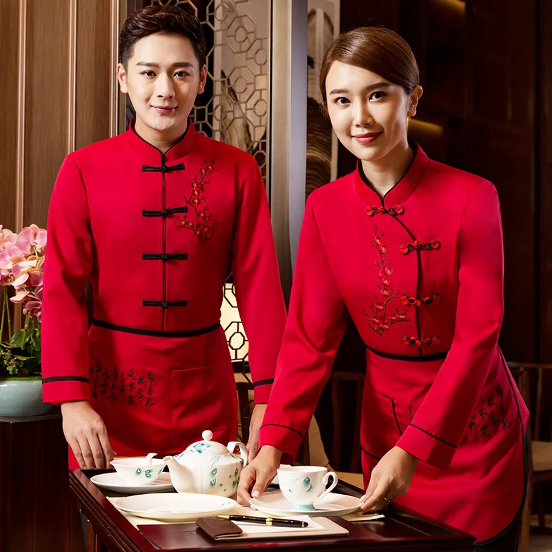 Отельная рабочая одежда осень/зима женский китайский Ресторан униформа официантки+ фартук набор для мужчин Высокое качество китайский стиль рабочая одежда