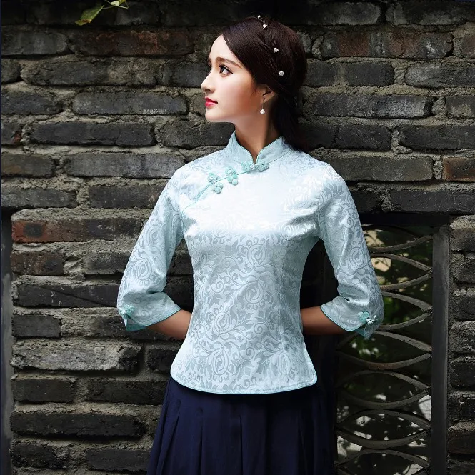 Женская китайская рубашка HanFu Wu Tang белый хлопковый топ с принтом с коротким рукавом - Цвет: blue
