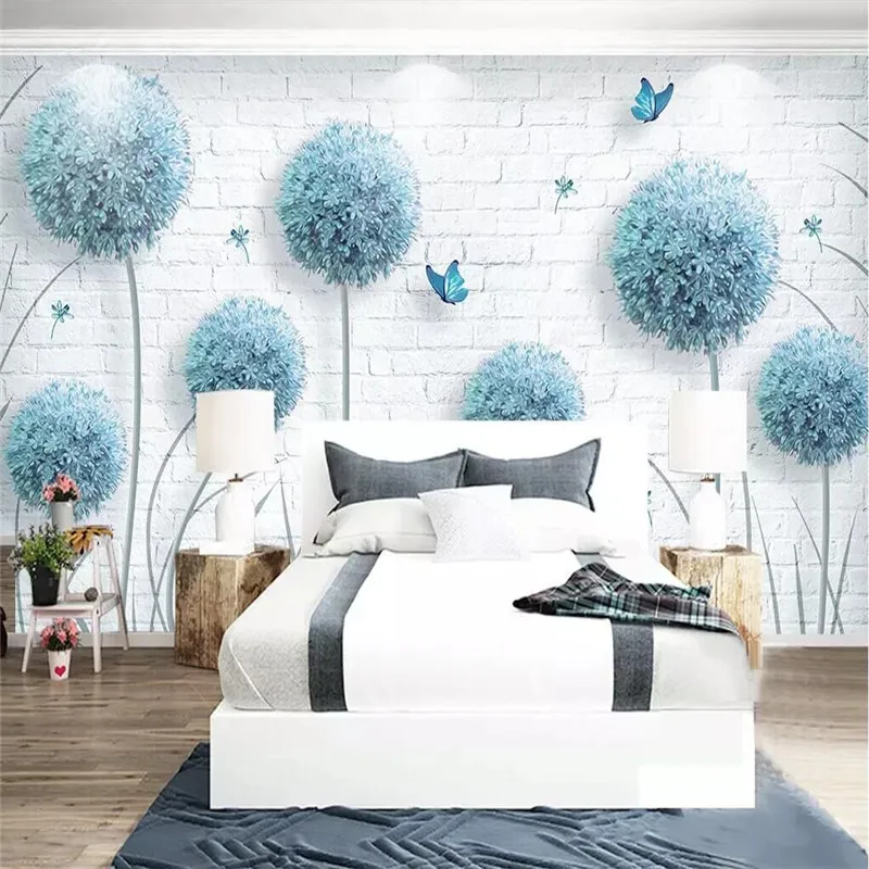

Custom Nordic simple dandelion hand-painted floral background wall paper decorative painting factory wholesale wallpaper mural c