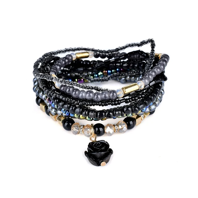 Lureme Bohemian Beads Rose Pendant Multi Strand Textured Stackable Lureme Bohemian Beads Rose Pendant Multi Strand Textured Stackable Bracelet Set Charm Manchette Femme