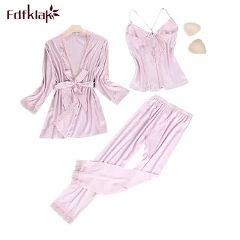 

Fdfklak Sexy 3 pieces pijama set silk satin women's pajamas spring autumn home clothes ladies sleepwear pajama pyjamas women