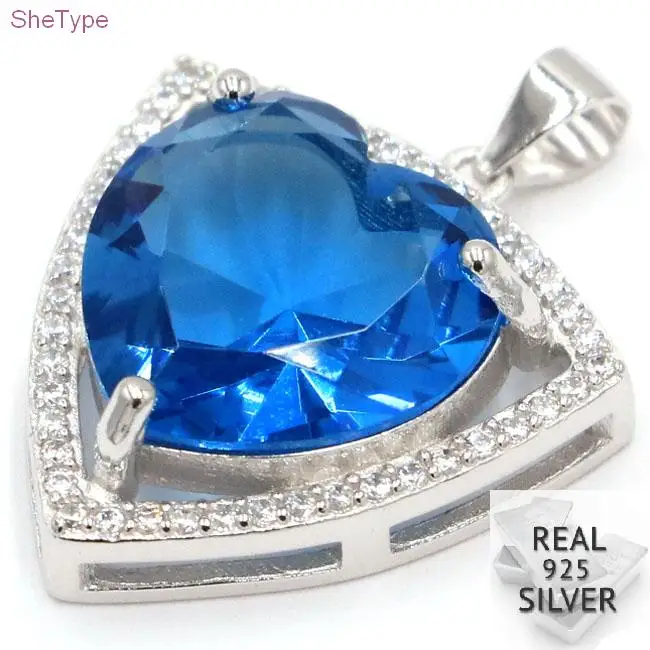 

SheType 5.54g Big Gemstone 15x15mm Heart Shape London Blue Topaz CZ Woman's 925 Solid Sterling Silver Pendant 29x22mm