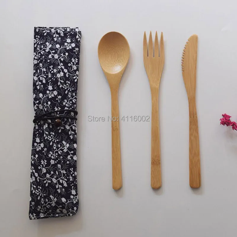 

3Pcs/set Dinnerware Set Bamboo Fork Knife Soup Teaspoon Catering Cutlery Set With Cloth Bag Kitchen Cooking Tools Utensil