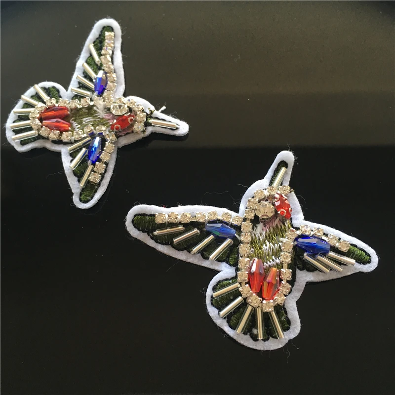 

1022-7 Hummingbird handmade applique insect rhinestones bead embroidered trim badge fringe DIY sew patch bridal applique