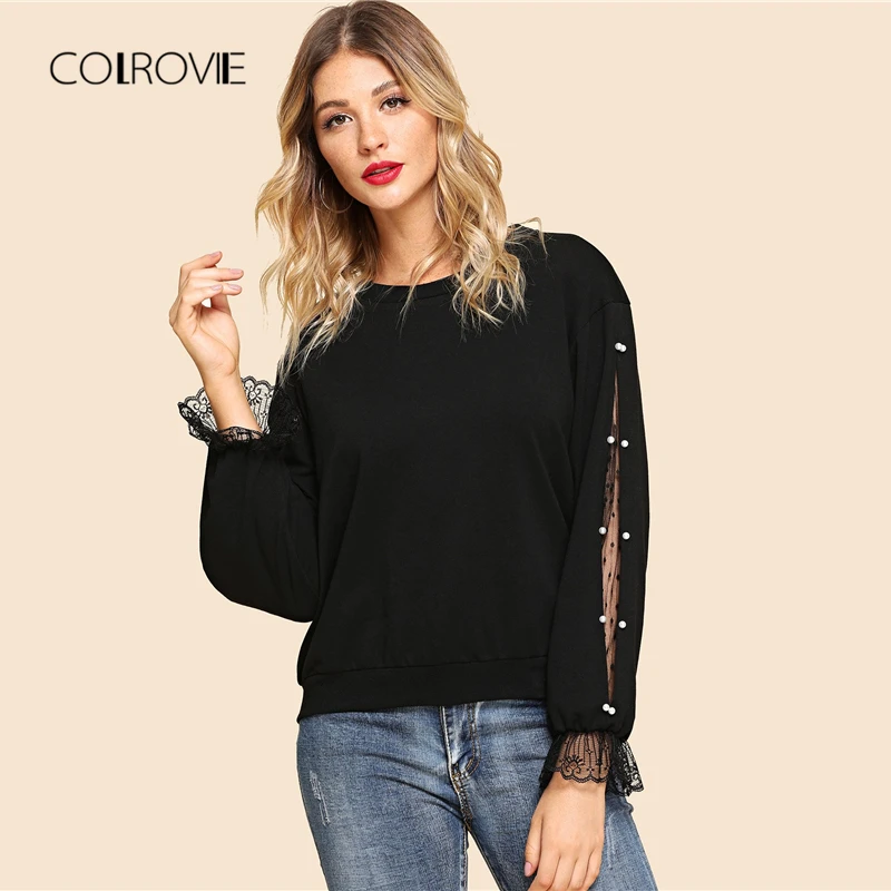 

COLROVIE Black Pearls Beaded Pullover Girl Lace Sweatshirt Women Winter Autumn Korean Female Office Women Sweatshirts