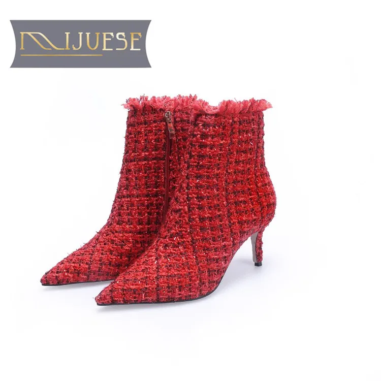 

MLJUESE 2019 women ankle boots Knitting red color zippers pointed toe autumn boots high heels women boots wedding dress