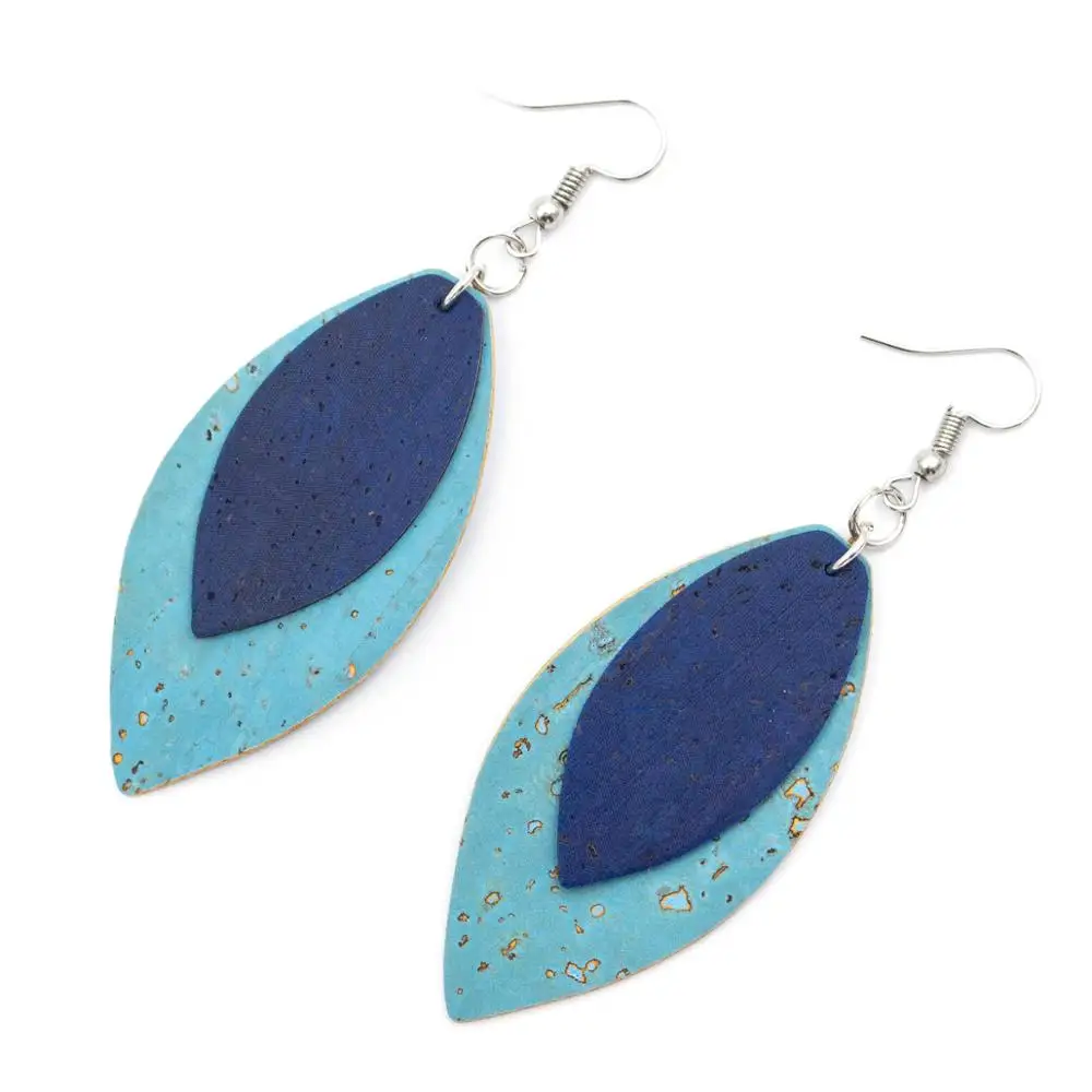 

light blue softwood with dark blue fabric style handmade lady cork earrings retro women jewelry ER-107-B-1