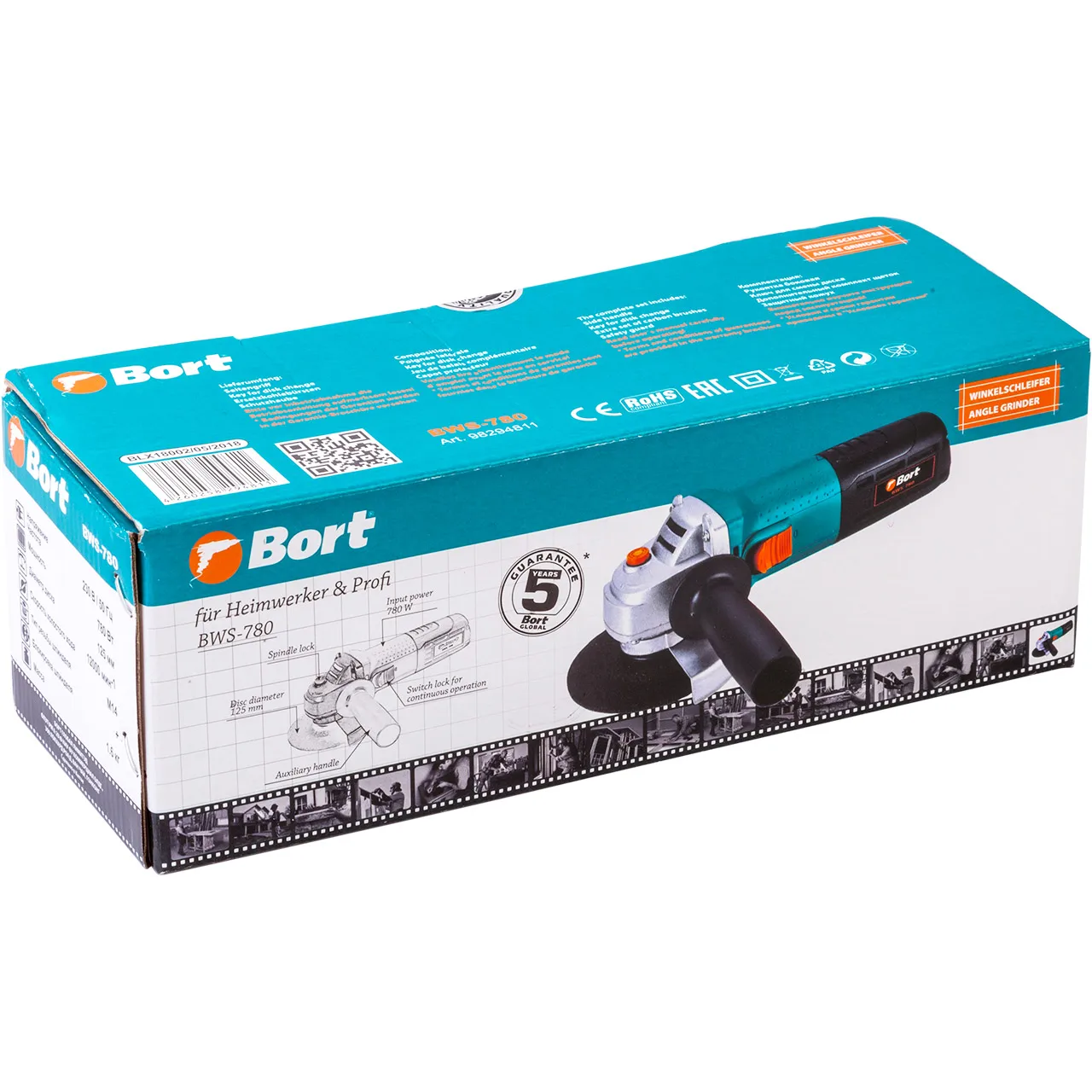 Машина шлифовальная угловая Bort BWS-780 (Мощность 780 Вт, диск 125 мм, 12000 об/мин холостого хода, длина шнура питания 2 м)