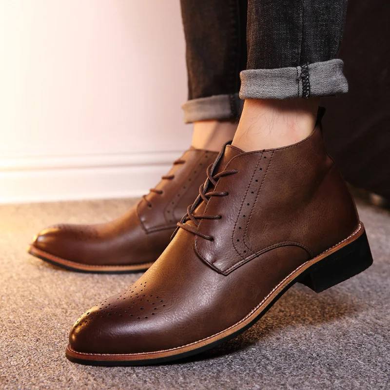 

Men Casual Shoes Boots Summer Split Leather 2018 High Top Shoes Men Fashion Men Boots Brogues Ankle Motorcycle Boots 5