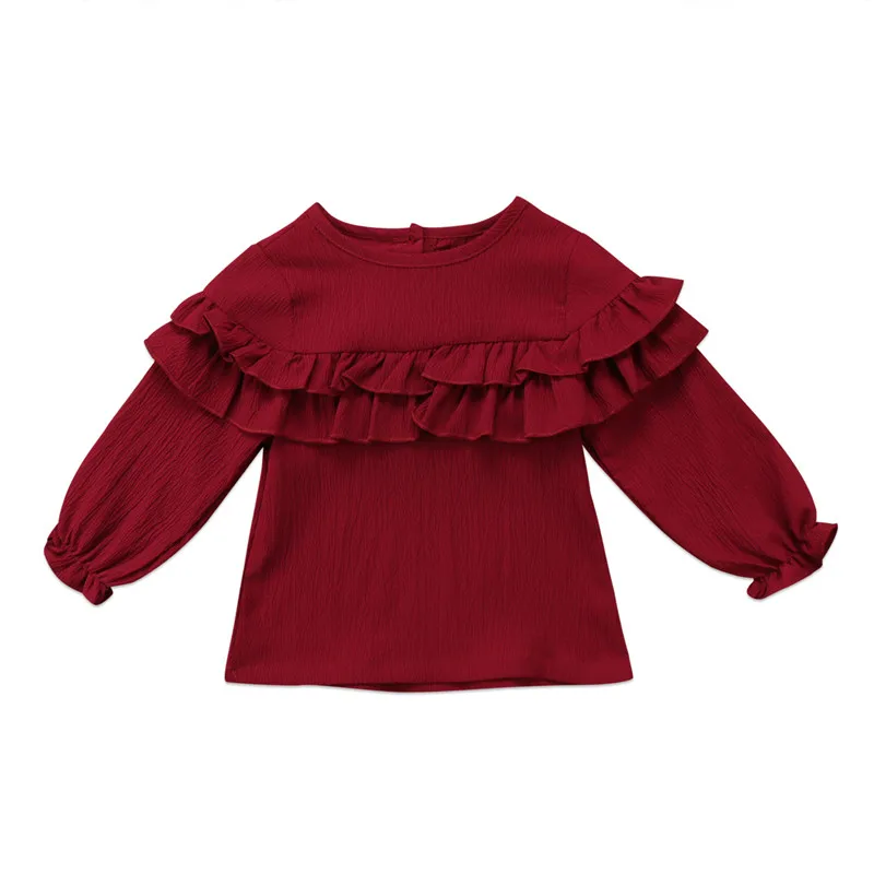 Детская блузка для новорожденных девочек; однотонная одежда с круглым вырезом и оборками для девочек; Топ; блузка с длинными рукавами; рубашка - Цвет: Красный