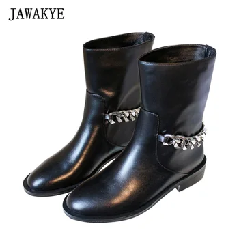 

Genuine Leather Back Silver Chain Women Boots Designer Black Short Ankle boots Square Heel winter shoes Flat Motorcycle Boots