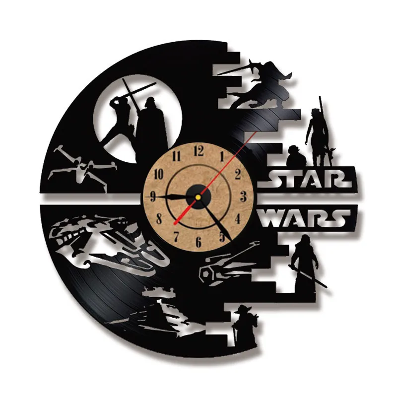 Kopen Creatieve Star Wars CD Record Klok Creatieve HandmadeVinyl Record Wandklok Antieke Hollow Opknoping Klok LED met 7 Kleuren
