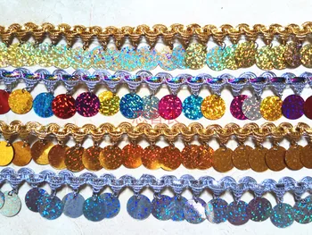 

3 yards / lot hand hanging color 2 cm round laser sequins lace Latin ethnic belly dance dress decoration tassel hanging piece