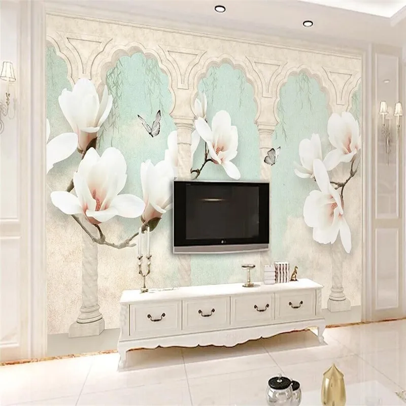 

Beige magnolia butterfly Roman column 3d stereo TV background wall professional production wallpaper wall whole house custom