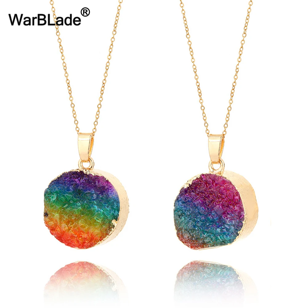 

WarBLade Rainbow Natural Stone Pendant Necklace Colorful Irregular Small Crystal Stone Pendants Gold Side Necklaces for Women