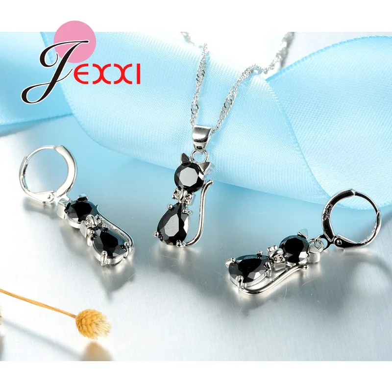 7 цветов, розница, романтическое обручальное кольцо, 925 серебро, милый кот, ювелирный набор, ожерелье, серьги с кристаллами высшего качества для женщин
