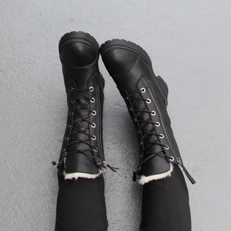 

New Fashion Snow Boots Shoes Woman Double Zipper Lady Leather Boots Natural Leather Lace-Up Block Heel Female Winter Warm Shoes