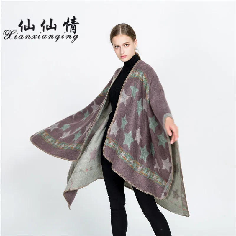 XIANXIANQING Winter Star Pattern Women Poncho Fake Cashmere Lady Scarf Warm Thickening Shawls And Cape echarpe Scarves DP2618 | Аксессуары