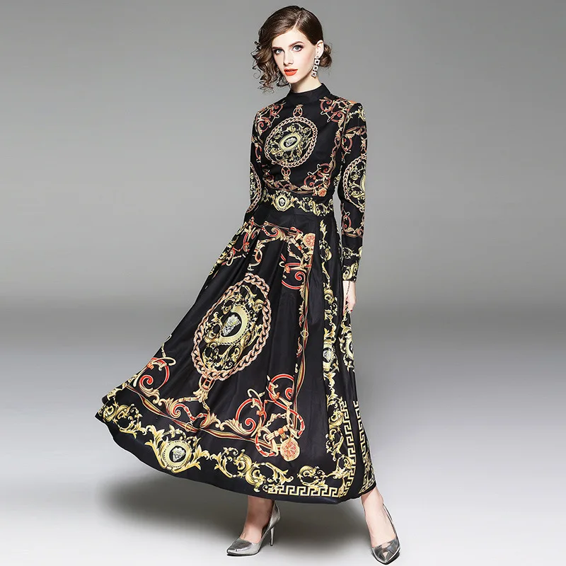 Новые осенние женские черные платья 2018 в стиле ретро со стоячим воротником с