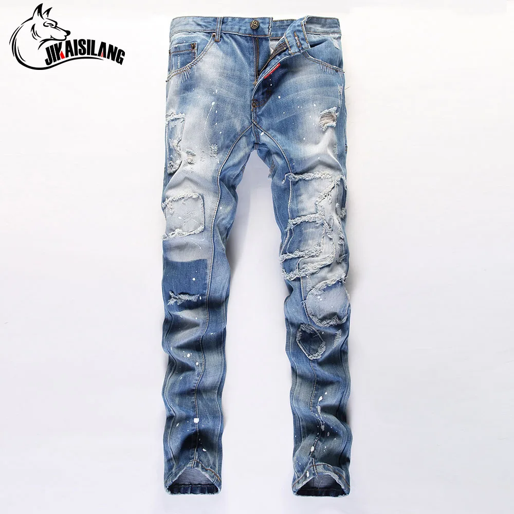 

JIKAISILANG Straight Brand Jeans Men's Solid Color Blue Denim Jeans Men Size 28-38 Long Pants Trousers Biker Jeans Ripped Jeans