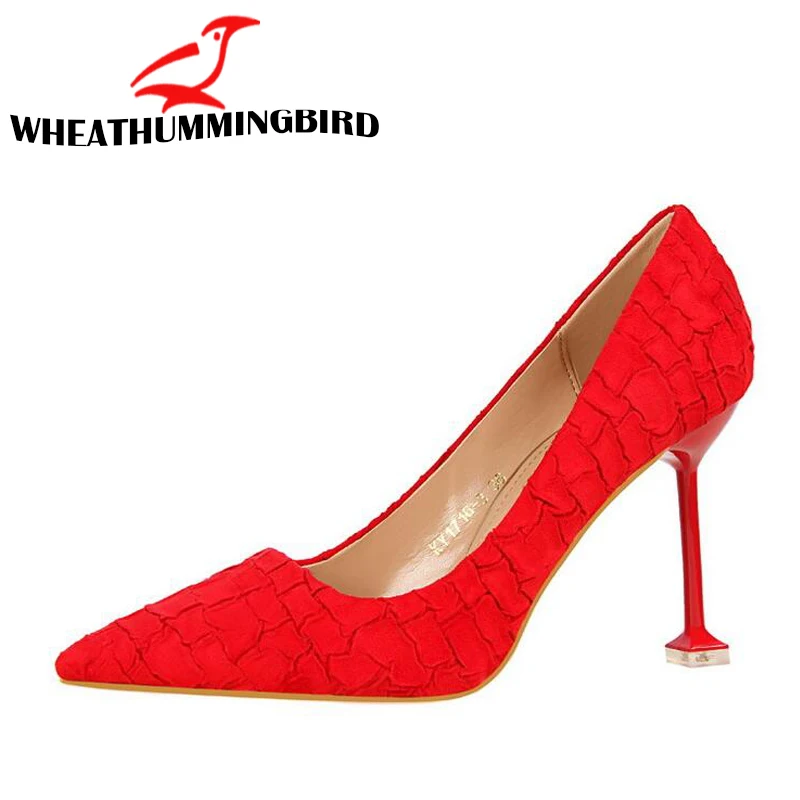 

New fashion Wedding Party High Heels Super High 9.5cm Flock Thin Heels pumps Sexy Pointed Toe rock Pattern nightclub pumps QA-74