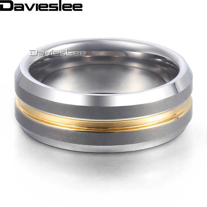 Davieslee Gold Silver Stripe Band Ring Mens Boys Wedding Engagement Tungsten Carbide Silver Black 8mm DTRM01