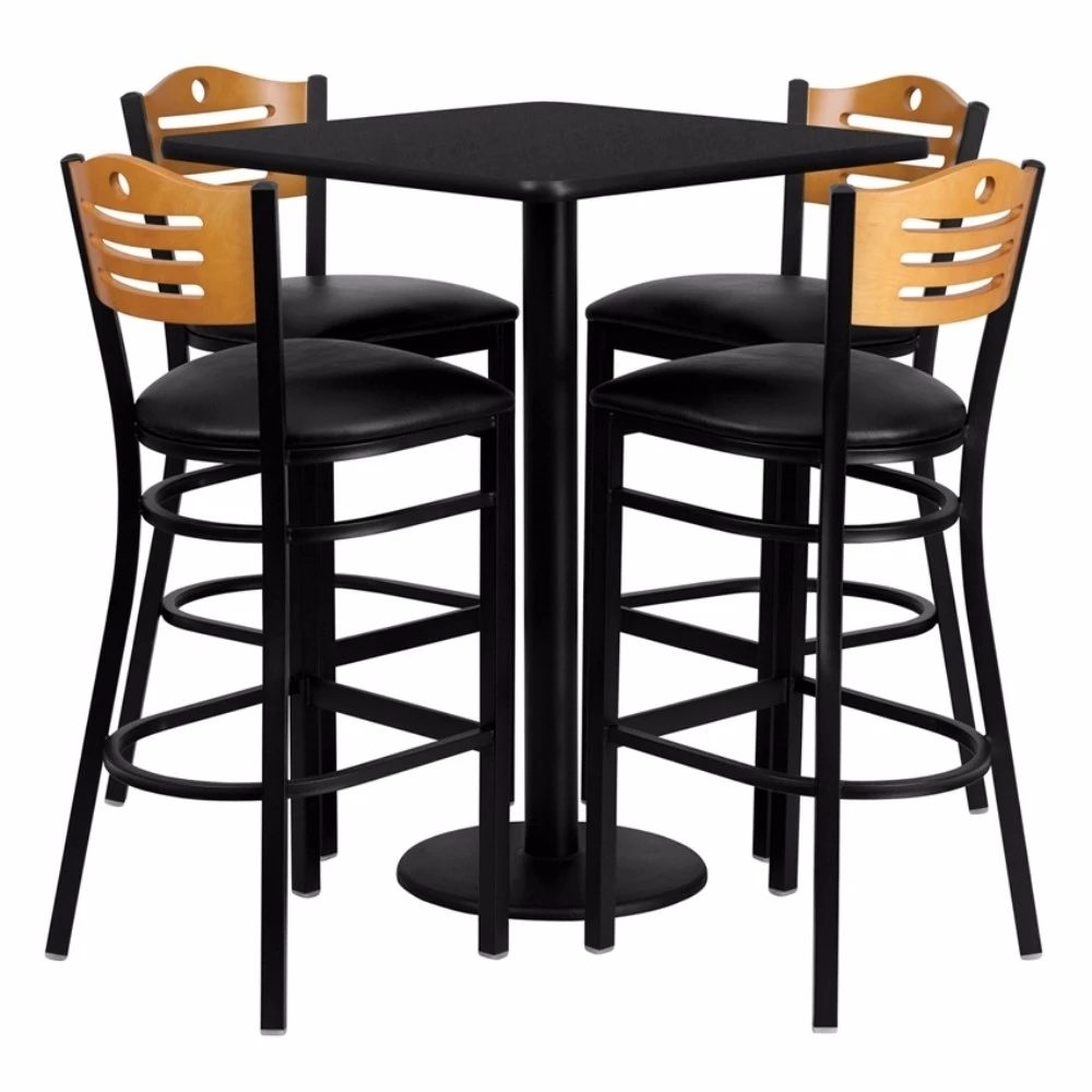 

Flash Furniture 30'' Square Black Laminate Table Set with Wood Slat Back Metal Bar Stool and Black Vinyl Seat