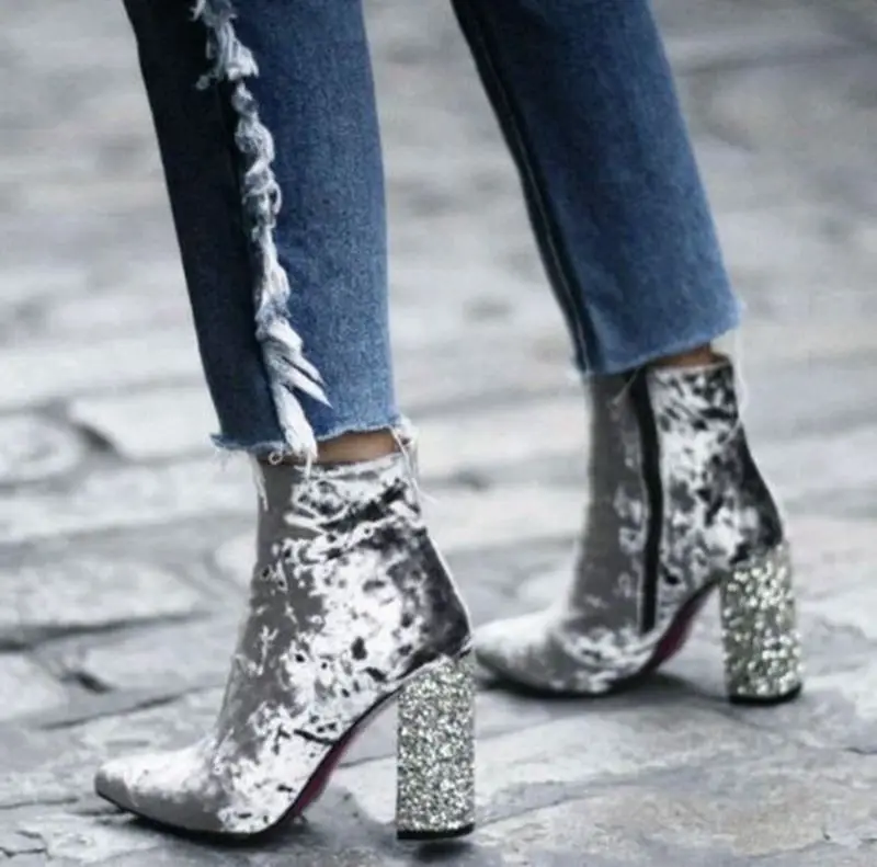 

Fashion women's shoes ankle boots for women pointed toe chunky high heels short woman boots winter shoes ladies botas mujer gray