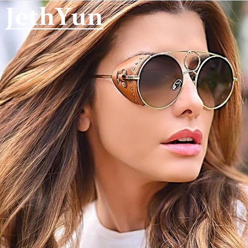 

Brown Leather Round Sunglasses Women Men Fashion Steampunk Metal Sun Glasses Female Instagram Trendy French Brand Eyewear