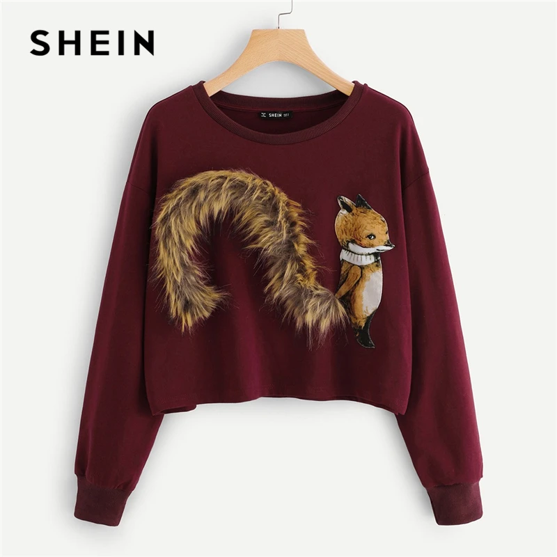  SHEIN Burgundy Faux Fur Fox Patch Sweatshirt Women Long Sleeve Round Neck Crop Pullovers Women Autu