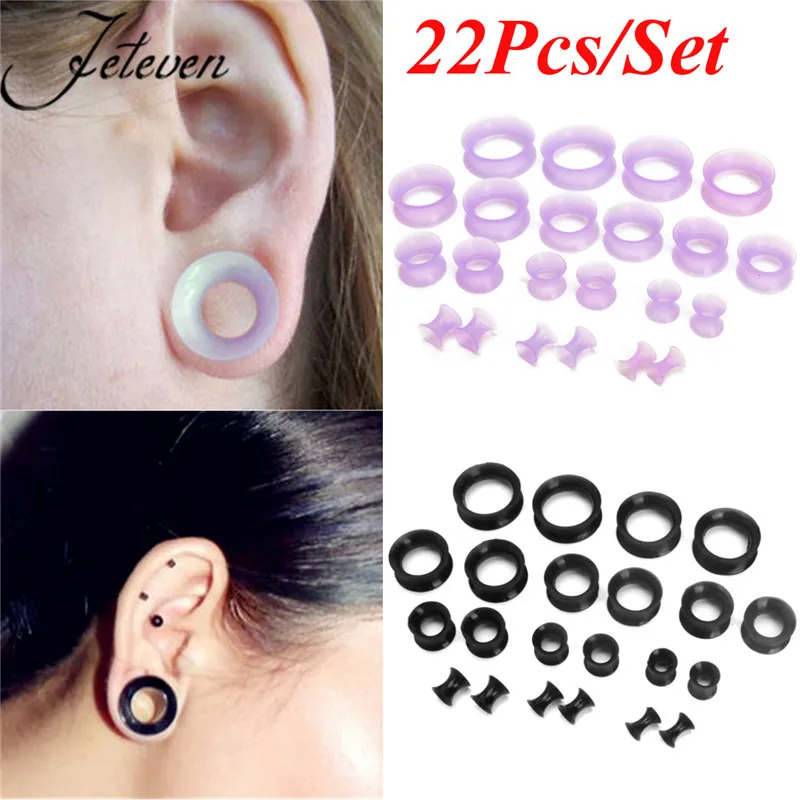 

22pcs Soft Silicone Hollow Ear Tunnel And Plug Stretching Kit Ear Gauge Expansions Earlet Dilators Doubled Flared Body Piercing