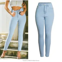 Плюс Размеры Для женщин джинсы Высокая Талия Модные Узкие стрейч карандаш брюки Slim Fit голубой цвет Для женщин обтягивающие джинсы Femme S, M, L