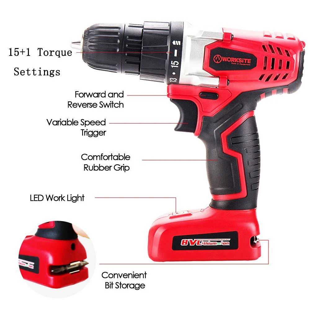 Rechargeable 8V Cordless Drill Electric Screwdriver WORKSITE Lithium Battery Variable Speed LED Light Lightweight Power Tools